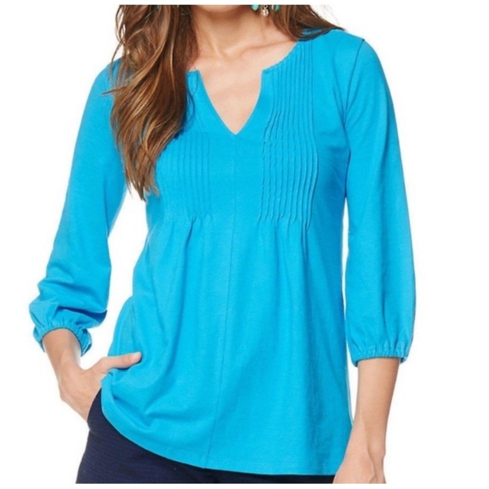 Lilly Pulitzer Braylen Blue Pin Tuck Tunic Top Womens XS 3/4 Sleeve Pima Cotton